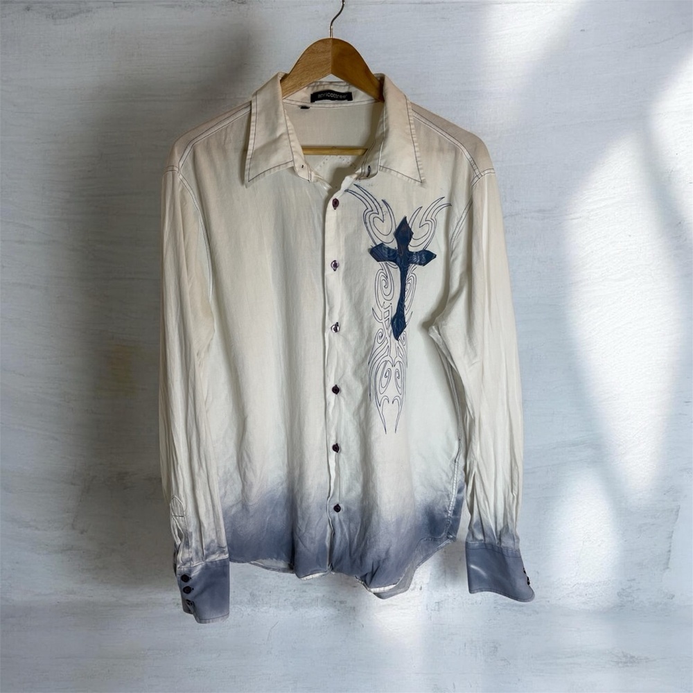 Apricot Tree White Button-Up Shirt with Navy Stitching & Cross Design Size XXL